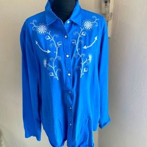 Panhandle Blue Embroidery Pearl Snap Blouse